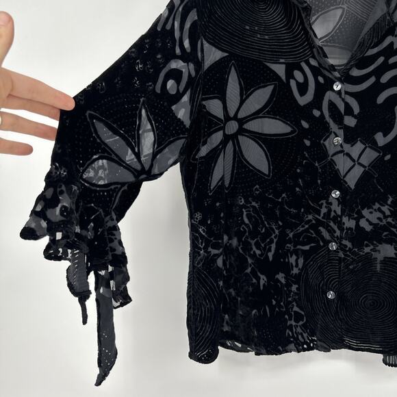 Chico’s Burnout Silk Velvet Blouse Womens 3 Black Fairy Grunge Whimsigoth Floral - Picture 3 of 10